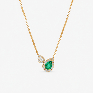 Emerald and Diamond Necklace 0.99 Carat Pear Cut Emerald with Brilliant Cut Diamond 18K Yellow Gold - Royal Coster Diamonds