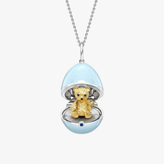 Fabergé Essence White Gold, Yellow Gold & Sapphire Teddy Surprise Locket With Blue Lacquer 18K Gold - Royal Coster Diamonds